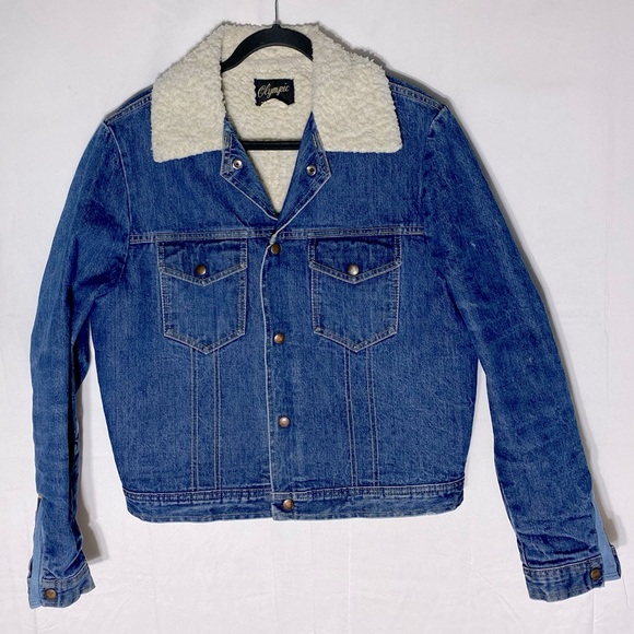Vintage Olympic Med Wash Blue Denim Sherpa Lined Jean Jacket M - Picture 16 of 16
